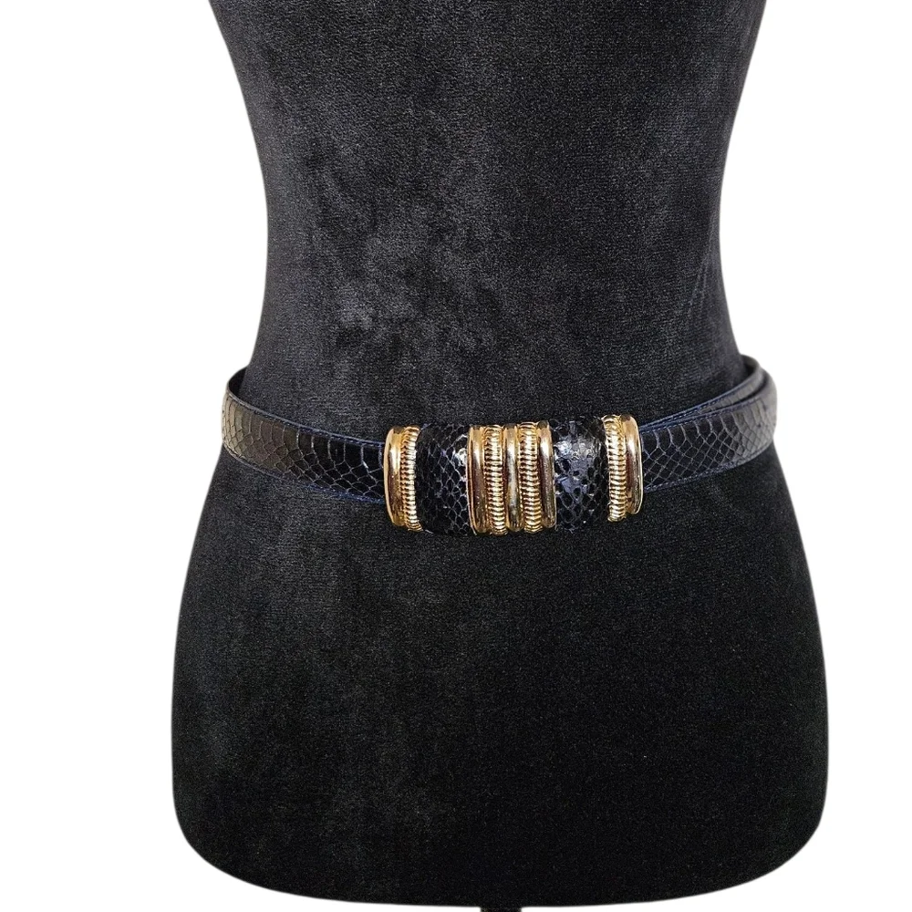 Vintage Women's Leather Shop Navy Blue Snakeskin Embellished Buckle Belt Size L